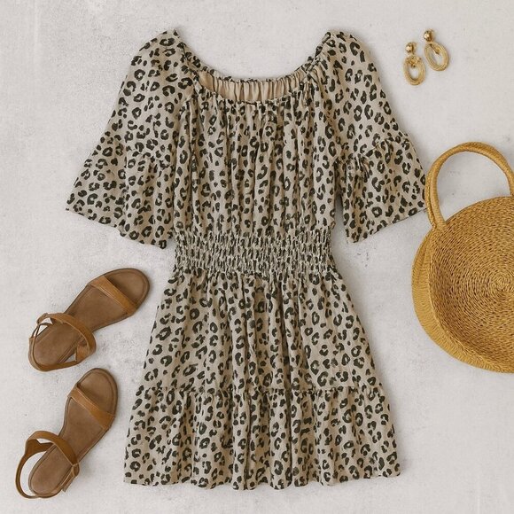 Le Gali Flounce Dress Animal Print Chiffon Off Shoulder Size L - Picture 9 of 9